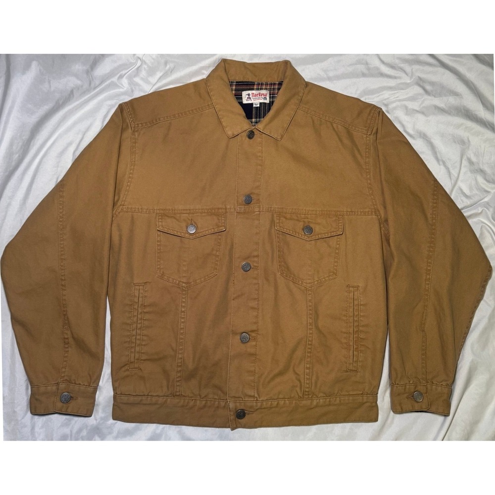 ManResa Workwear Canvas Trucker Jacket Mens M Tan Plaid Lined Vintage Streetwear